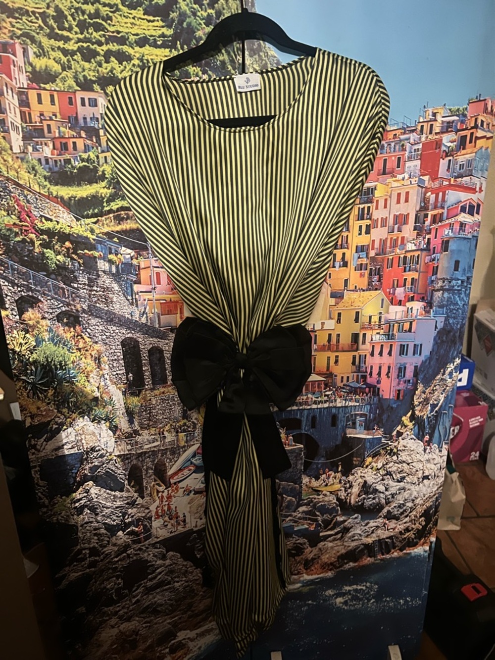 Black & Green Vertical Stripe Tie-Front Dress (bow not included)